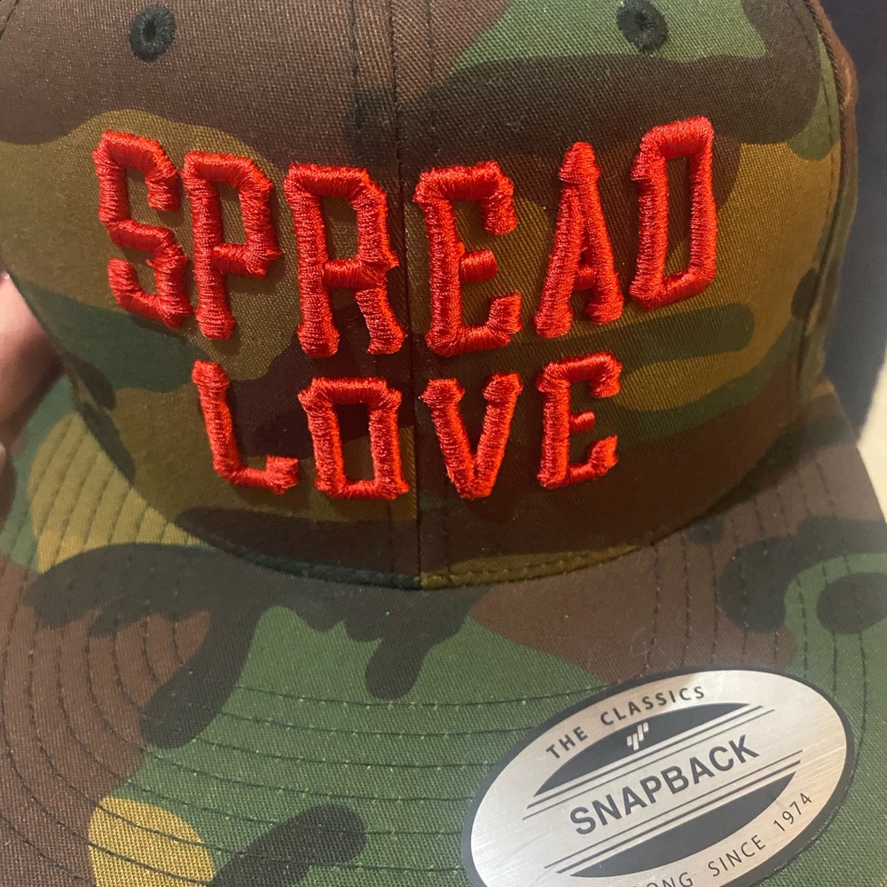 Spread Love Camo Snapback Hat with Red Embroidery